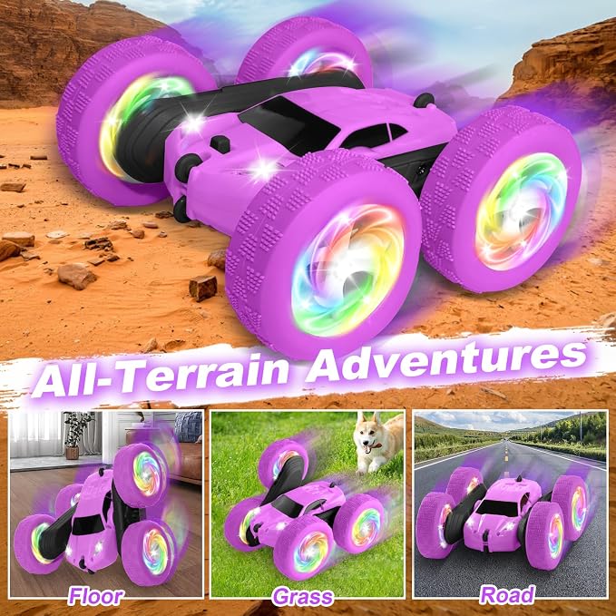 Remote Control Car, Outdoor Toys RC Cars for Kids Ages 6-12, 4WD Double Sided Stunt Vehicle with Upgraded USB-C Modular Batteries, 5 6 7 8 9 10+ Year Old Boy Birthday Purple