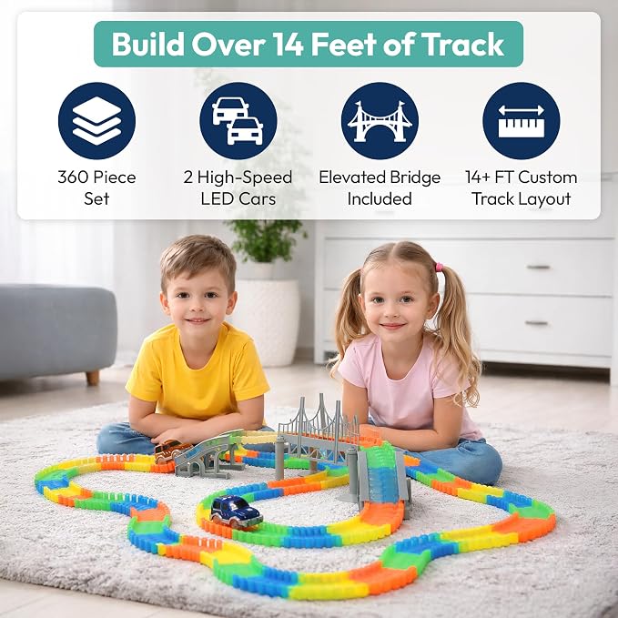 Speed Tracks Flexible Race Track Set - 360 Piece Bendable Glow in The Dark Race Track for Kids with 2 LED Toy Race Cars & Bridge - 14+ Ft Bendable car Race Track Toy for Kids Ages 3+
