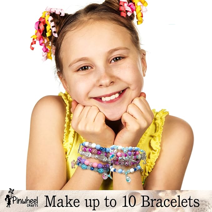 Pinwheel Crafts Mermaid Charm Bracelet Making Kit with Storage Case - DIY Kids Bracelet Making Kit for Girls 8-12 - Birthday Gift & Craft Supplies with Beads and Ocean Charms