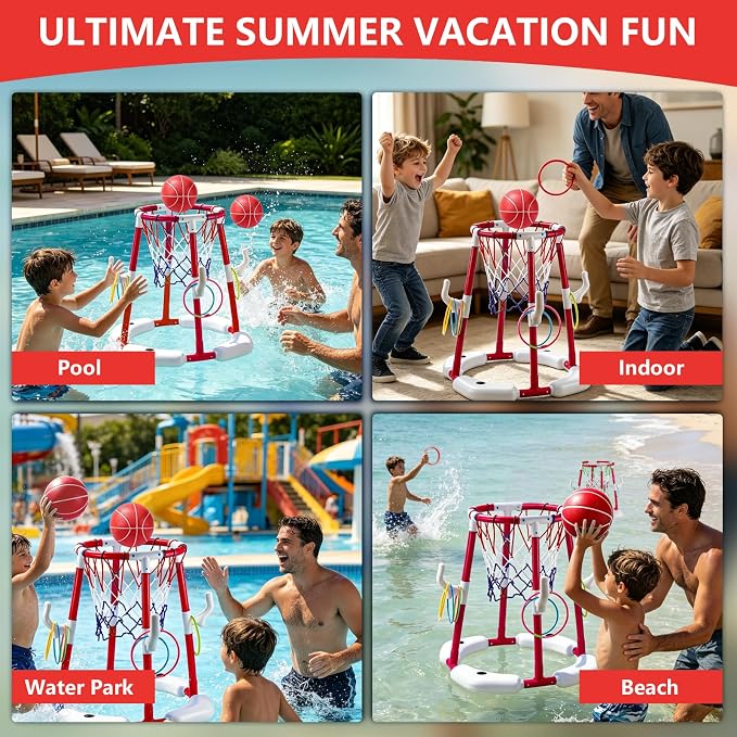 Pool Basketball Hoop with 4 Balls & 12 Rings, 2-in-1 Floating Pool Toys for Kids Adults, Water Game for Indoor Outdoor Swimming Backyard Party, Portable Summer Gifts for Boys Girls Ages 8-12, Red
