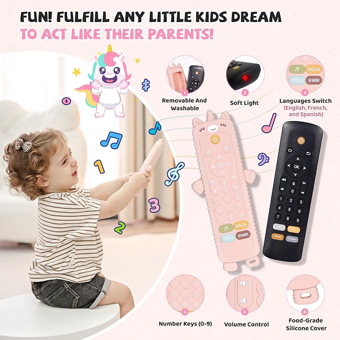 KIRALUMI Baby Remote Control Toy with Silicone Teether Cover - Baby Musical Toys, Early Number Learning in 3 Languages (English, Spanish & French), Preschool Infant Girl Toys 6, 9, 12, 18 Month.