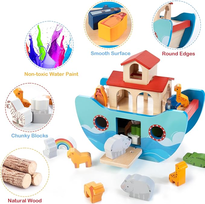JUSTWOOD Wooden Noah's Ark Toy for Toddlers 1+ Years, Baptism Gift for Boys and Girls, Baby Montessori Educational Animal Shape Sorter Toy with Bible Story Book