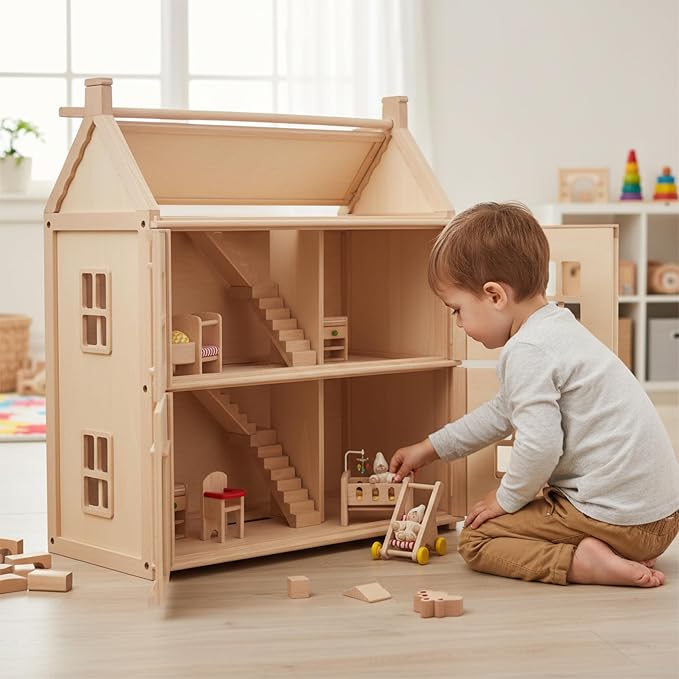 PlanToys® Wooden Nursery Dollhouse Furniture Set for Kids | Montessori Small World and Caregiving Pretend Play | Eco Friendly Wooden Dollhouse Baby Room Set for Imaginative Play