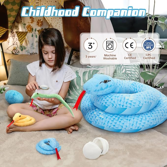 MorisMos Giant Snake Stuffed Animals Mommy with Babies & Eggs,55" Mama Stuffed Snake Toy for Kid Girl Boy,Realistic Blue Anaconda Toy,Colorful Baby Python Toys for Halloween Decor/Jungle-Themed Party