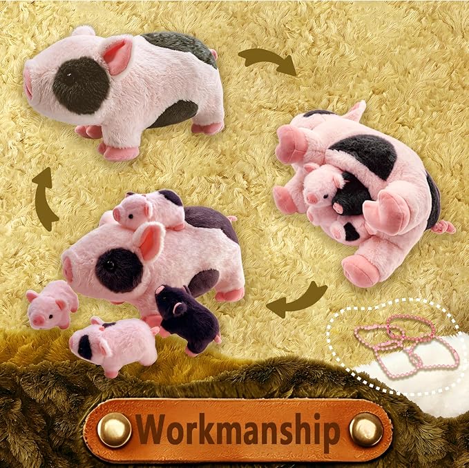 Pig Stuffed Animal，Cute Pig Mommy Stuffed Animal with 4 Baby Pig Plushies in Tummy，Kawaii Pig Plush Toy Gift for Kids Girls Boys