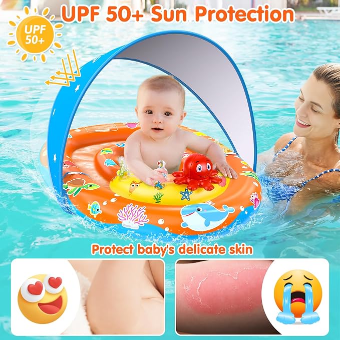 EZIGO Baby Pool Float with Canopy UPF50+ Sun Protection, Inflatable Kids Pool Floats with Ocean Animal Toys for Baby 6-36 Months, Infant Swimming Float with Adjustable Safety Seat for Boys Girls