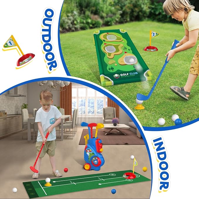 Liberry Toddler Golf Set for 2 3 4 5 Years Old Boys Girls, Upgraded Kids Golf Cart with Golf Cornhole Board & Putting Mat, Indoor and Outdoor Golf Toys Birthday Gifts