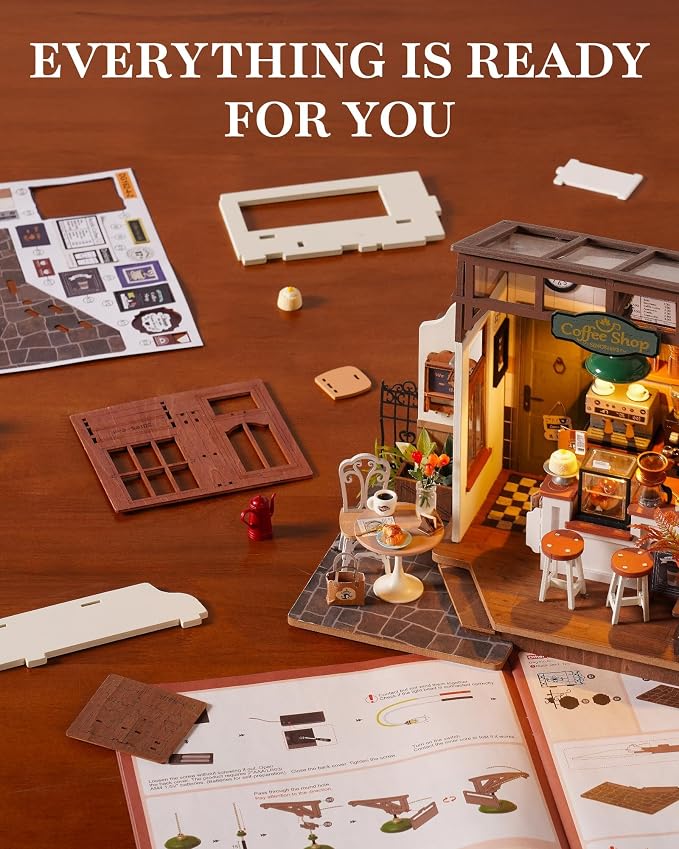 Robotime DIY Miniature House Kit, 1:18 Coffee Shop Diorama Dollhouse with LED Lights, 3D Wooden Puzzle Diorama for Adults, Craft Hobby Gift for Women Men Teens