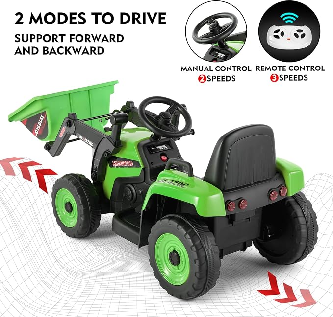 JOYLDIAS Ride On Excavator, 12V7AH Electric Car for Kids 3-8 W/2.4GHz Remote Control, Electric Construction Vehicle Bulldozer/Tractor for Kids Digger with 3 Speeds,Bluetooth,Music,Lights,Green