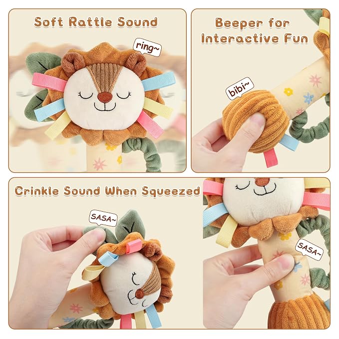 TYRY.HU Baby Rattles Toy, Plush Lion Rattle, Stuffed Animal Hand Rattles,Infant Grab Shake Rattle, Crinkle & Squeaker,Soft Sensory Toy with Sound for Babies 0-6 6-12 Months, Lion