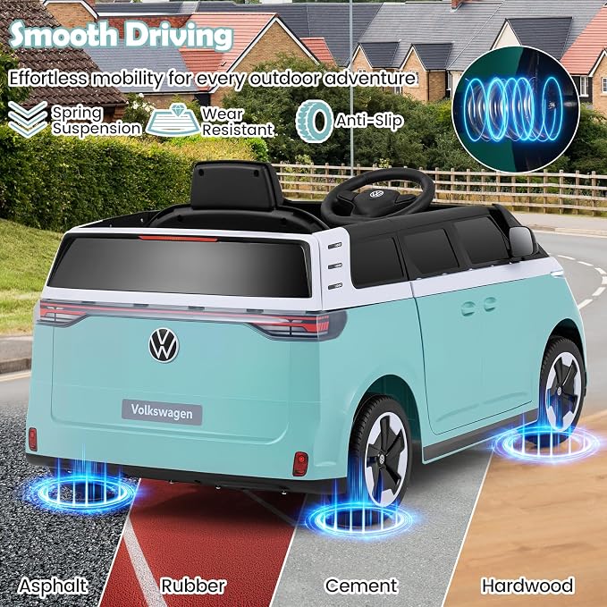 Costzon Ride on Car, 12V Licensed Volkswagen Kids Car Bus with Storage Compartment, Music, Story, Spring Suspension, LED Headlights, Electric Vehicles for Boys Girls Aged 3-7 (Aqua Blue)