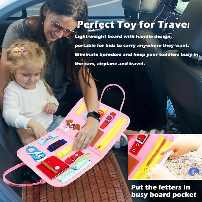 Esjay Toddler Busy Board, Montessori Toys to Learn Fine Motor Skill, Educational Sensory Board for 3+ Year Old, Toddler Activities for Travel Airplane Car,Green Alphabet