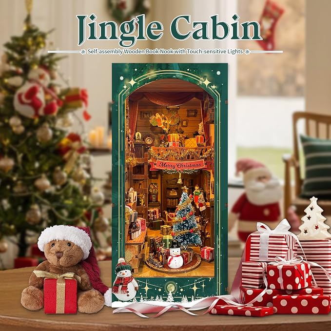 Christmas Book Nook Kit with LED Light - DIY 3D Puzzles Miniature House Kit Rotating Decorative Dollhouse Book Nooks for Adults Teens Gift - Jingle Cabin (SQ-34)