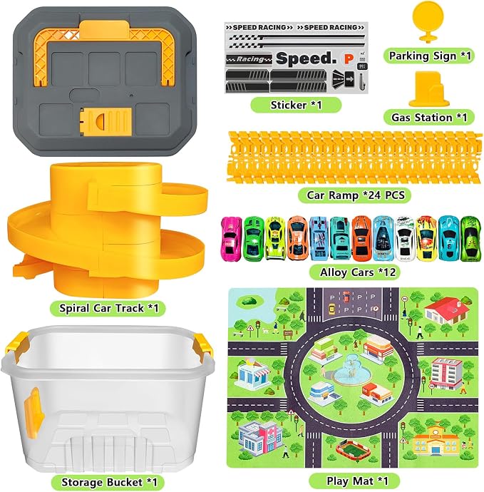 Toy Car Track Storage Playset - Toddler Toys for Ages 3-4, Car Track Set Including 12 Diecast Cars, PlayMat, Race Tracks, Car Ramp, Kids Birthday Gift for 3 4 5 6 Year Old Boys
