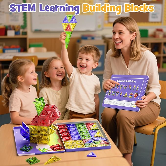 WMXDU 60pcs Large Diamond Magnetic Tile, Magnetic Building Blocks Magnet Toy with Iron Box, STEM Educational Montessori Indoor Building Kit for Preschool Boys Girls Age 3+ Classroom Must Haves
