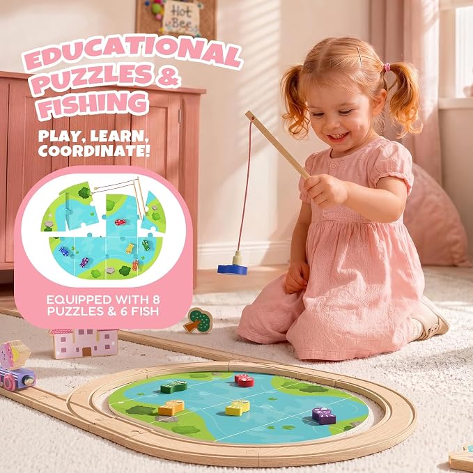 Hot Bee 110PCS Wooden Train Set, Toy Train Track Set for Toddlers Girls 2-4, Pink Wood Train Track with Fairies & Unicorns, Girl Train Set Birthday Gifts for 2 3 4 5 6 7 Year Old