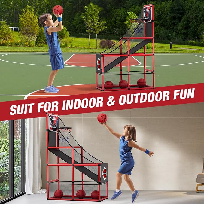 HYES Basketball Arcade Game Indoor Outdoor, Kids Basketball Hoop with 4 Balls & Pump, Single Shot Basketball Game at Home, Carnival Games Sport Toys for Boys Girls Teens