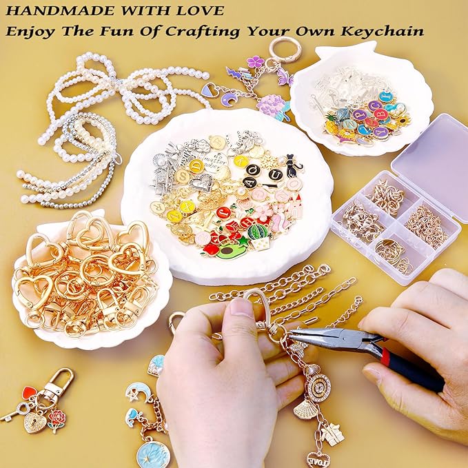 Wurosi 544Pcs Charms Lip Gloss Keychain Making Kit, Bag Charm Kits with Key Chain Hooks, Charms, Chains, Jump Rings, Lobster Clasps, Plier, Gift Bags & Tools, DIY Craft Supplies