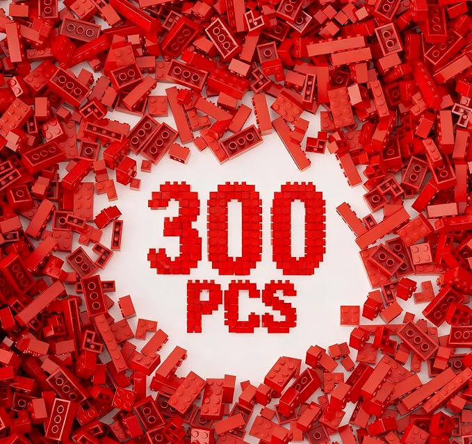 300Pcs Building Brick Bulk, Res Bulk Bricks with 5 Sizes, Compatible with Lego and Parts and Pieces, Creative Building Block Toys for Boys Girls Ages 6 7 8 9 10 Years Old