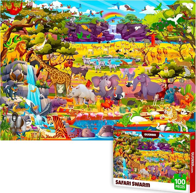 QUOKKA 100 Piece Puzzles for Kids Ages 6-8 – Intricately Illustrated Safari Animals Puzzle for Kids Ages 8-10 – Educational Busyland Game Packed with Visual Details for Boys and Girls
