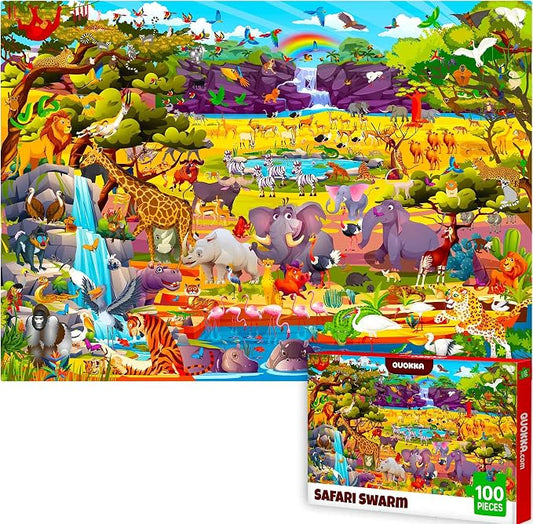 QUOKKA 100 Piece Puzzles for Kids Ages 6-8 – Intricately Illustrated Safari Animals Puzzle for Kids Ages 8-10 – Educational Busyland Game Packed with Visual Details for Boys and Girls