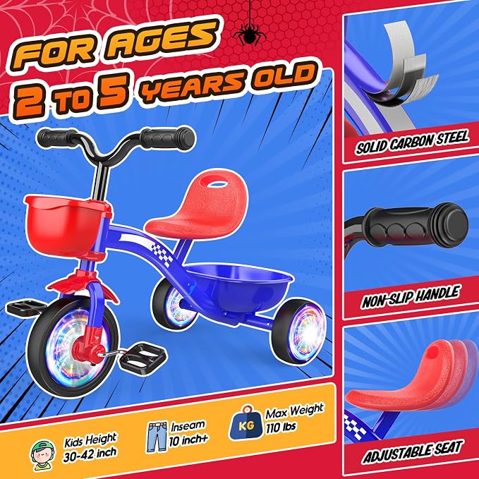 Tricycle for Toddlers 1-3 3-5 Year Olds, Unicorn Toddler Bike Baby Balance Bike with Colorful Lighting Wheels & Large Basket, Birthday Gift and Toy for 1 2 3 4 5 Year Olds Girls Boys