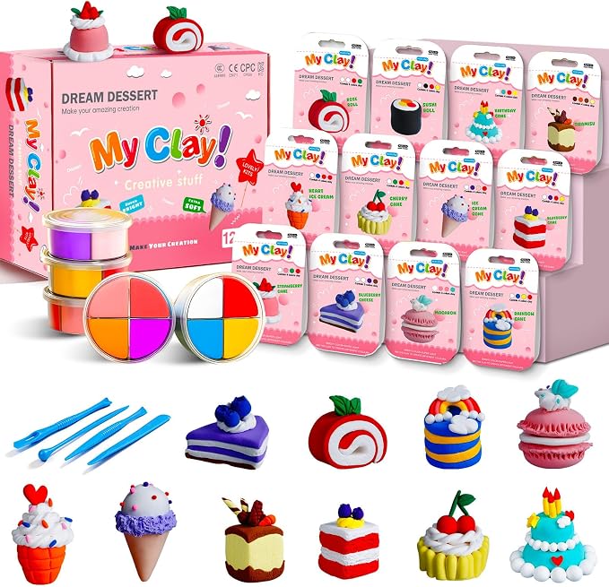 Kids Clay Air Dry Clay for Kids - Air Drying Modeling & Sculpting Kit,DIY 12 Box Food Dessert Cake Theme Arts & Crafts Clay Set,Ultra Soft Non-Sticky Bulk Party Favors & Party Crafts for Girls & Boys