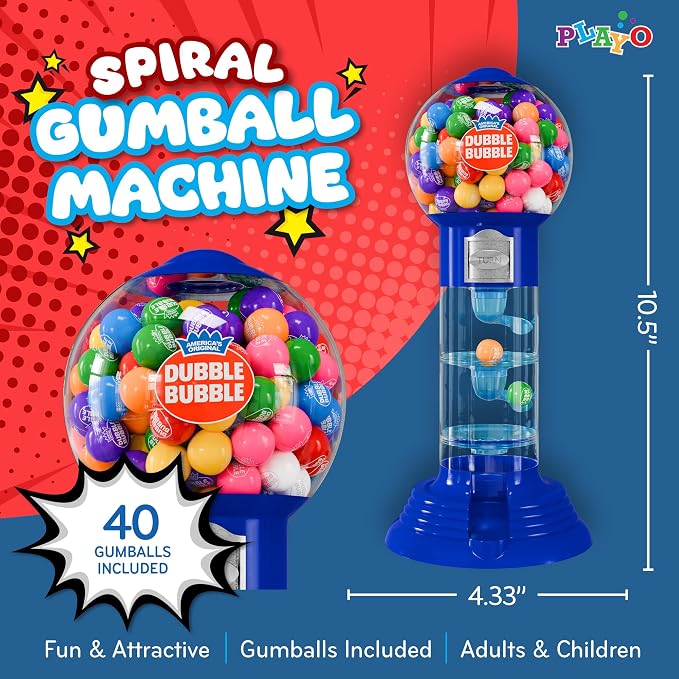 Playo 10.5" Gumball Machine for Kids, Spiral Style Candy Dispenser for Gifts, Parties or Events - Bubblegum Machine w/Gumb Balls Included