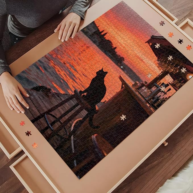 Romantic Puzzles 1000 Pieces Puzzles for Adults, Cat and Sunset | Landscape Puzzle with Letters on Back, Jigsaw Puzzles Family Decor, Fun Gift Challenging Puzzle for Friends (27.56x19.7 Inch)