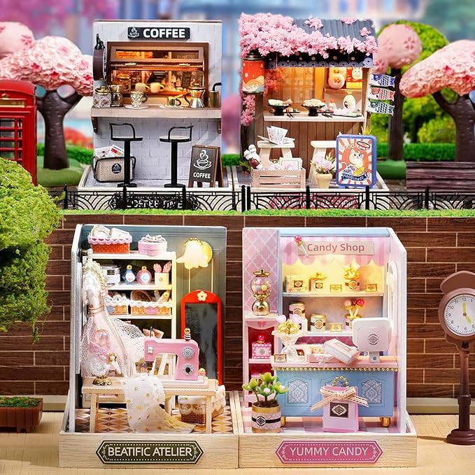 CUTEROOM DIY Doll House Miniature Furniture Wooden House Kit with Dust Cover & LED Light and Accessories - New Three Styles QT Series Dollhouse (QT045)
