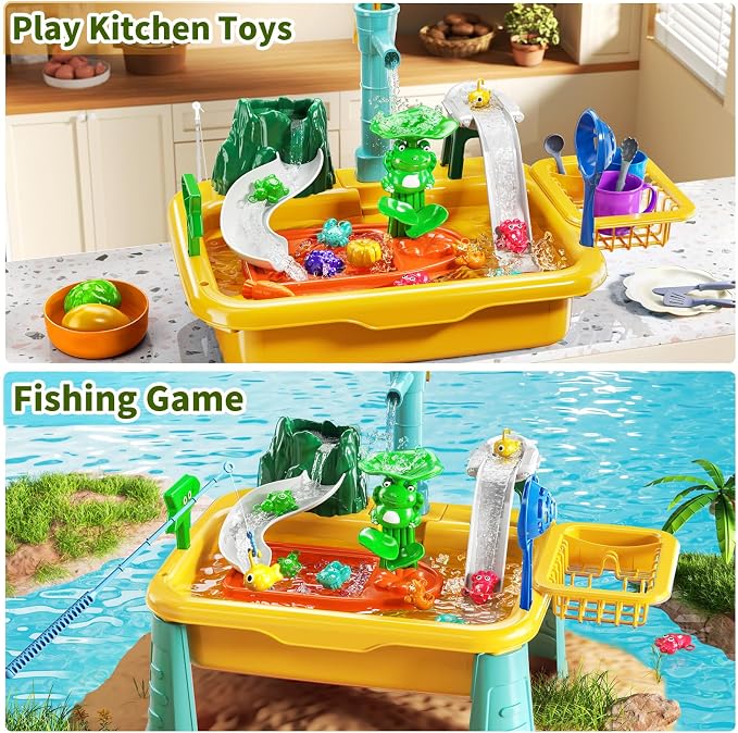 Kids Water Table Play Toy for Toddlers 1-3 4-8 Years Old - Kitchen Sink with Pump and Flowing Water, Fishing Games, Outside Sensory Gift Toys for Boys and Girls 2 3 4 5 6 7 8