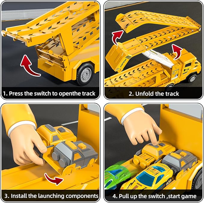 Transport Truck Toys for 3 4 5 6 7 Years Old Boys,Toy Cars Track Set Transporter Trucks with 12 Die-Cast Car Toys 2 Race catapults Dual-Track Model,Toddler Set for Kids Boys Girls,Yellow