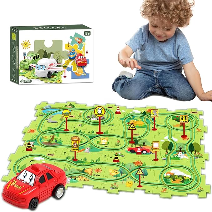 Christmas Stocking Stuffer 25PCS Puzzle Racer Kids Car Track Set, Land Series Puzzle Racer Car Track Set Puzzle Track Car Play Set Preschool Gifts for Kids Birthday Gift for Boys Girls