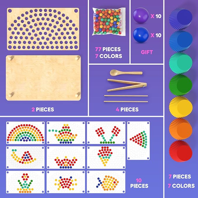 Toddler Wooden Learning Montessori Toys – Preschool educational board bead game Baby Rainbow Stacking Matching Counting Color Sorting for fine Motor Math Skills Boys and Girls for 3 4 5 Years Old