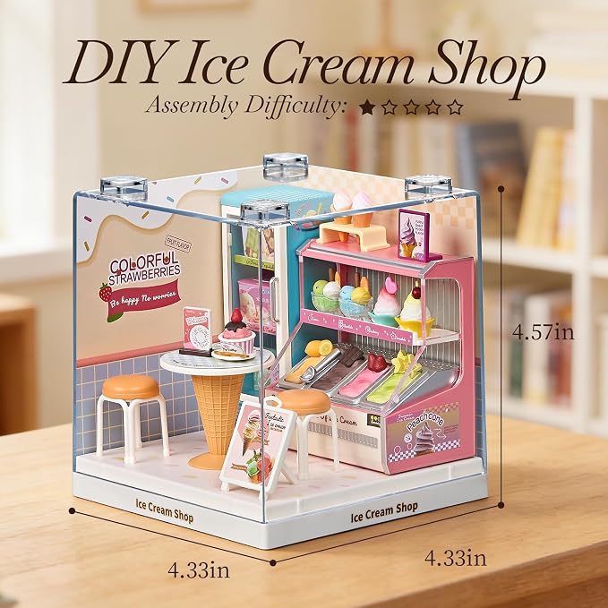 Miniature Ice Cream Shop DIY Kit with Display Case | Acrylic Display Case, Ice Cream Shop Dollhouse Craft Kit, Tool-Free Mini House for Teens, Adults & DIY Hobbyists