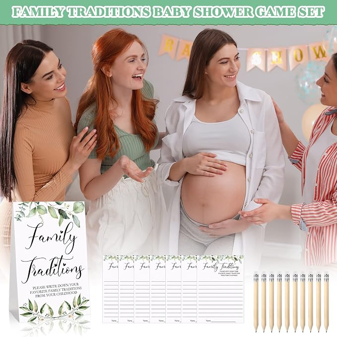 Fumete 61 Pieces Family Tradition Baby Shower Games Include 1 Family Traditions Standing Sign and 50 Activities Cards with 10 Pencils for Gender Reveal Bridal Shower Wedding(Green,Greenery)