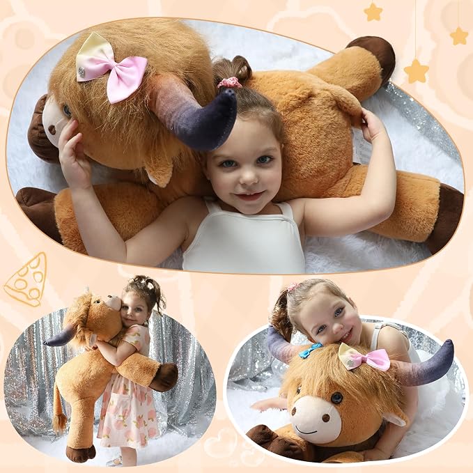 MaoGoLan Big Highland Cow Stuffed Animal for Kid,Large Cow Plush Pillow for Riding,Longhorn Stuffed Animal with Hair,Large Plush Farm Animal for Baby Shower, Birthday Gift,32 inches