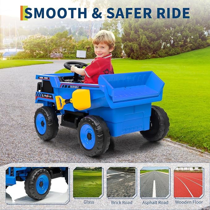 Garvee 12V Ride On Dump Truck for Kids, Ride On Car with Remote Control, Construction Vehicles with Dump Bed & Shovel, Ride-On Toys 16.5 in Spacious Seat, Music, Headlights, Soft Start, Blue
