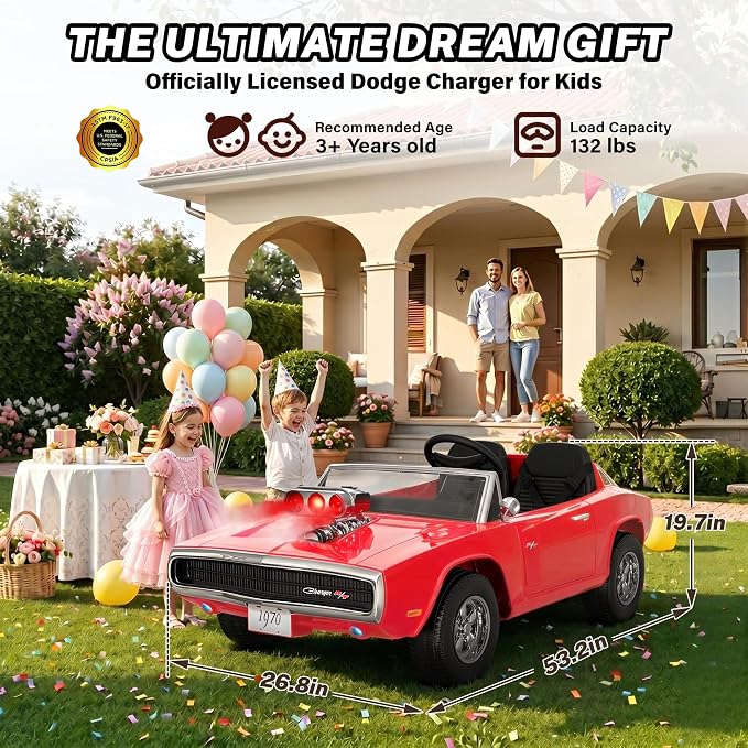 Licensed 1970 Dodge Charger 24V Ride on Toys for Big Kids, 2 Seater Ride on Car with Parent Remote Control, Dual 120W Motors, Bluetooth Music, LED Lights, Hood Supercharger with Mist, 5 MPH