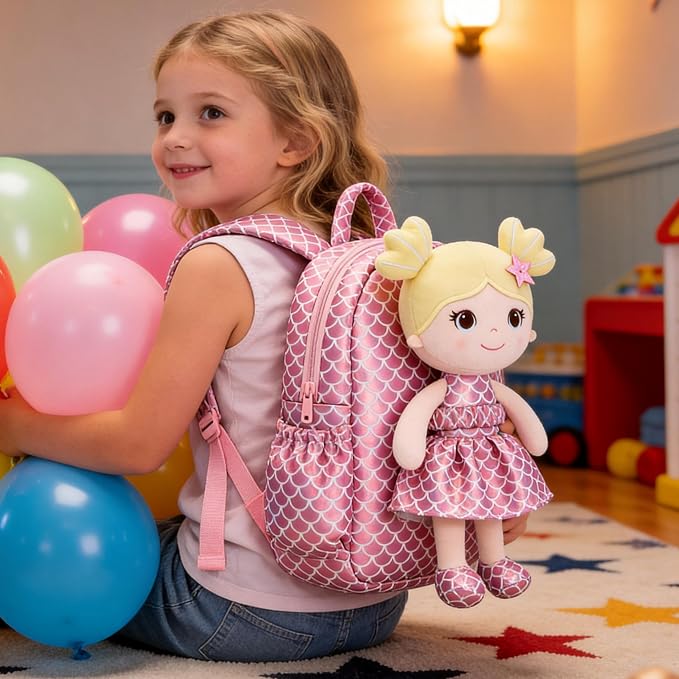 Lazada Toddler Backpack - Baby Girl Gifts Plush Doll Dress Backpack - Fashion Girls Tina Fish Scale Series - Pink11 Inches