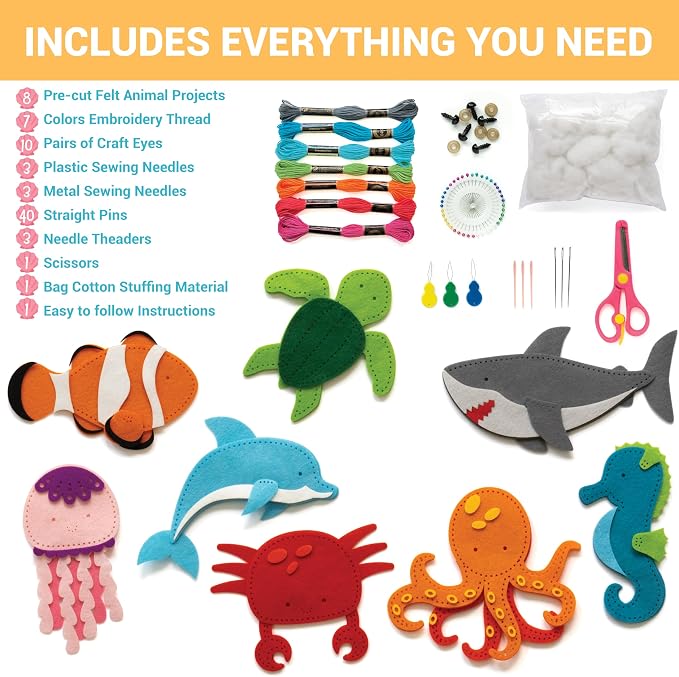 Craftorama Sewing Kit for Kids, Fun and Educational Fairytale Craft Set for Boys and Girls Age 7-12, Sew Your Own Felt Animals Craft Kit for Beginners, 165 Piece Set