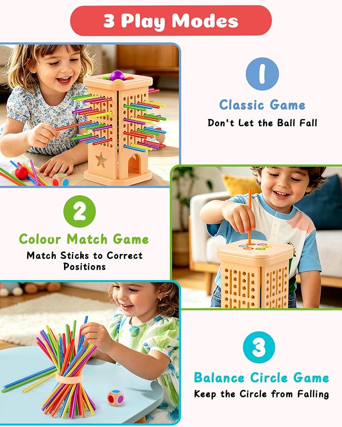 Montessori Wooden Board Games for Kids Ages 4-8, 36 Wooden Sticks Game, Color Matching Board Games for Kids 4-6, Fine Motor Skills Toy Montessori Toys for 3 4 5 6 Year Olds, Gift Boys Girls Family
