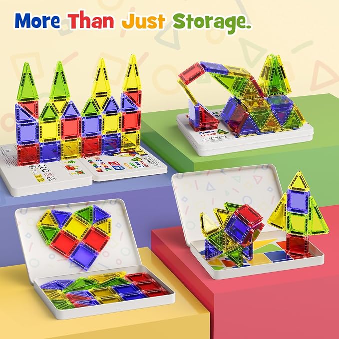 Mini Magnetic Tiles for Kids Travel - 40pcs STEM Building Blocks with Visual Storage Guide & Metal Box Play Base, Toddler Airplane Activities Toys for Ages 3-5,4-8, Compact Travel Toys