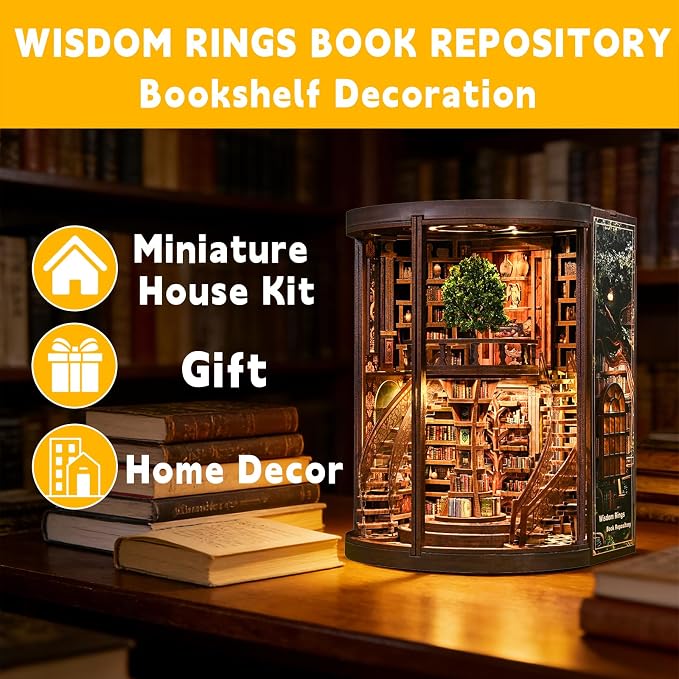 YSWOOD WORLD Miniature House Kit, Miniature Kit, Dollhouse Kit, Model Kits Craft Kits for Adults Teen, Mini House Kit for Birthday Father's Day, Wisdom Rings Book Repository