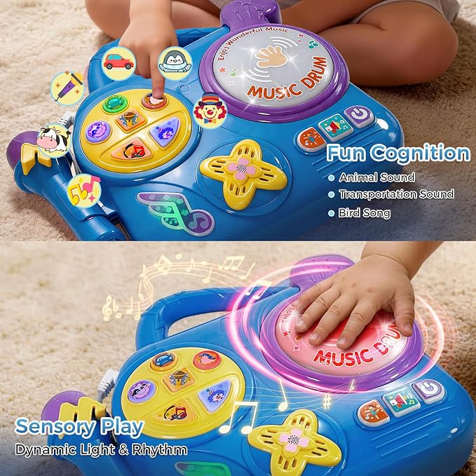 Kids Karaoke Machine with Microphone: Toddler Music Player & Light-Up Drum - Sound Toy with Handle for Boys Girls 3+, Blue
