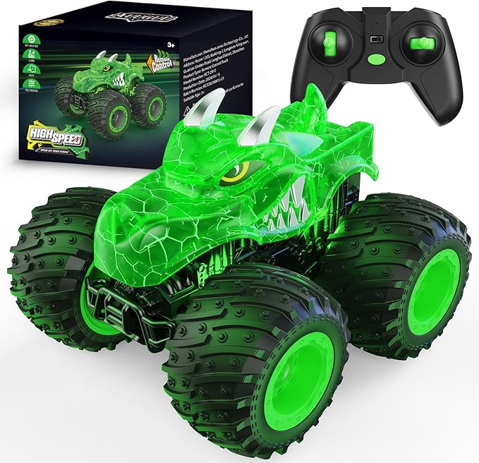 AUUGUU Remote Control Car, 2.4GHz Monster Trucks Toys with Light Spray, Birthday Gift for Kids 3 4 5 6 7 8, All Terrain RC Cars, Toddler Toys for Boys Girls 3+ Year Old (Dinosaur-Green)