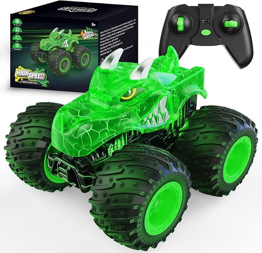 AUUGUU Remote Control Car, 2.4GHz Monster Trucks Toys with Light Spray, Birthday Gift for Kids 3 4 5 6 7 8, All Terrain RC Cars, Toddler Toys for Boys Girls 3+ Year Old (Dinosaur-Green)