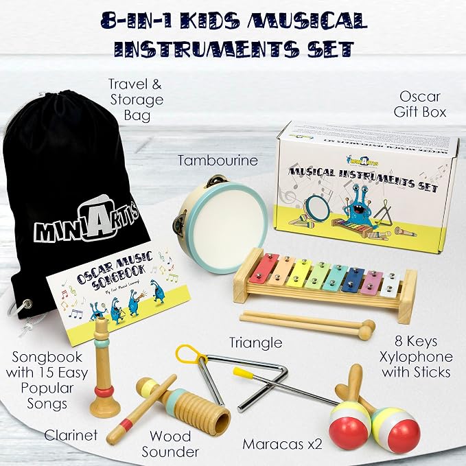 MINIARTIS Musical Instruments Set - Montessori Wooden Toys for Toddlers 1-3 | Modern Boho Baby Xylophone with Songbook | Neutral Colors Percussion Instruments | Kids Preschool Educational