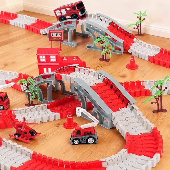 GIAT Race Car Track Toy for Kids - Birthday Gift for Boys Ages 3 4 5 6 7 Year Old, Flexible DIY Playset with Helicopter and Fire Truck, 330+ PCS Interactive Set