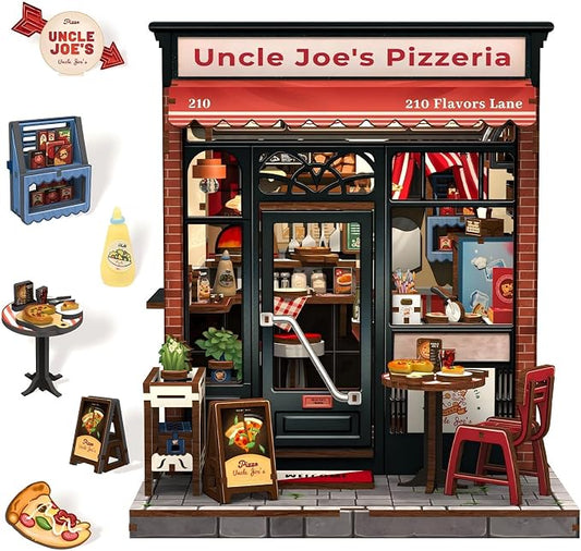 Fsolis Book Nook Kit - 3D Wooden Puzzles for Adults DIY Miniature House Kit Bookshelf Pizza Shop Diorama Gifts for Women Puzzle Lovers (Uncle Joe's Pizzeria)